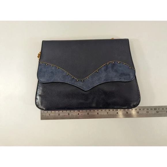 Navy Suede Leather Envelope Purse Clutch Crossbody Handbag Small Bag Gold Chain - Picture 11 of 13
